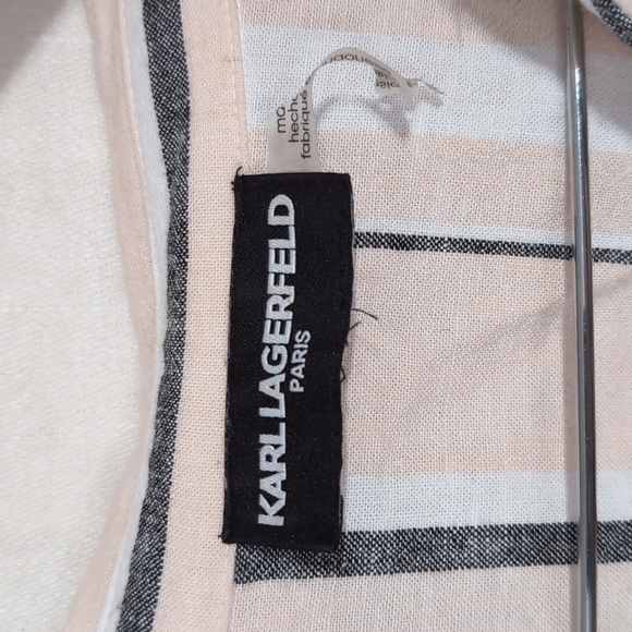 Karl Lagerfeld Spread Collar Peach Grey Striped Linen Blend Button Up Medium - Picture 3 of 7